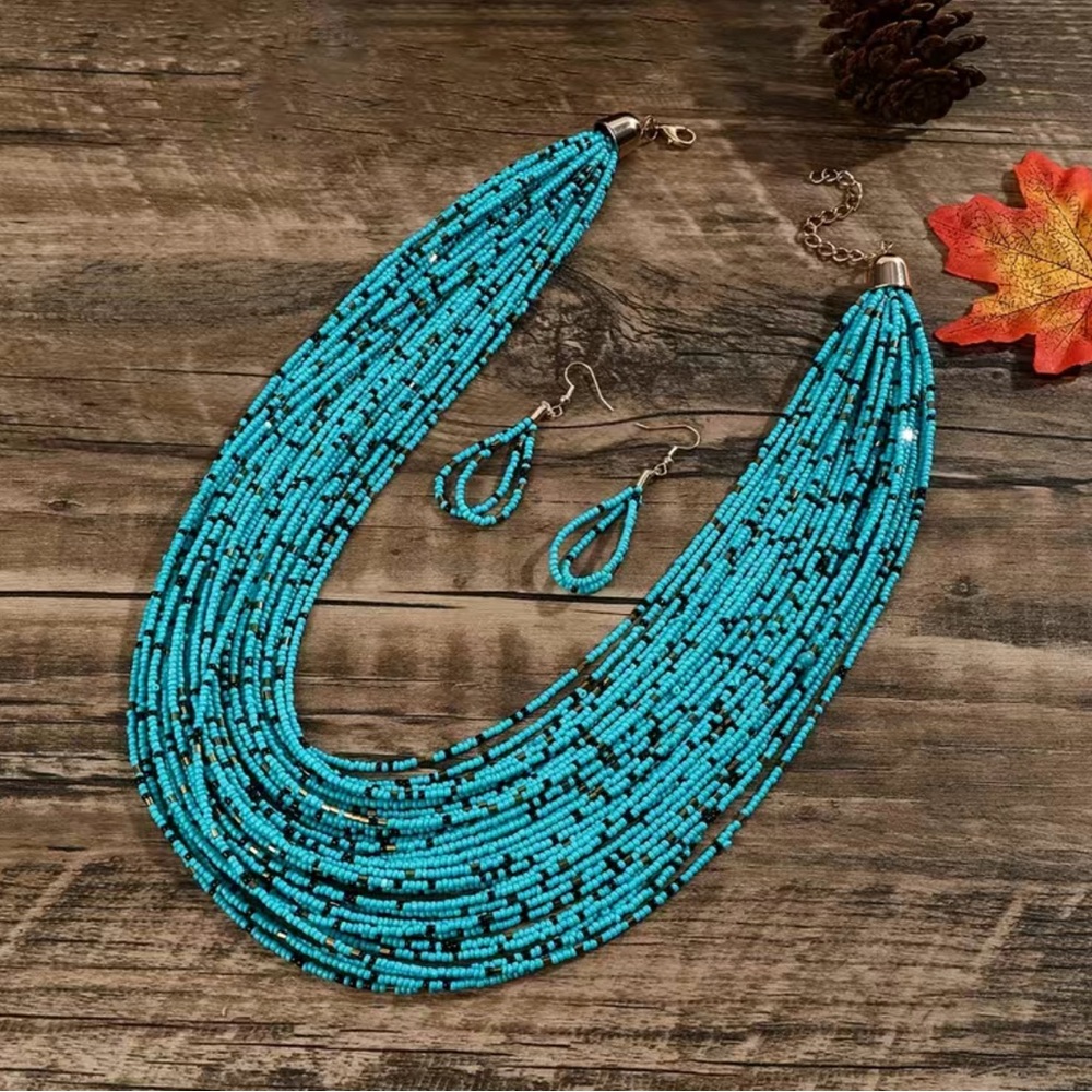 3pcs Earrings Plus Necklace Boho Style Jewelry Set Multilayer.